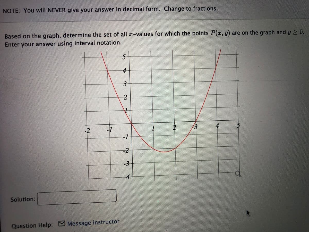 NOTE: You will NEVER give your answer in decimal form. Change to fractions.
Based on the graph, determine the set of all z-values for which the points P(x, y) are on the graph and y 2 0.
Enter your answer using interval notation.
4
2
3
-7
-1
-2
-2
-3
-4
Solution:
Question Help: M Message instructor
