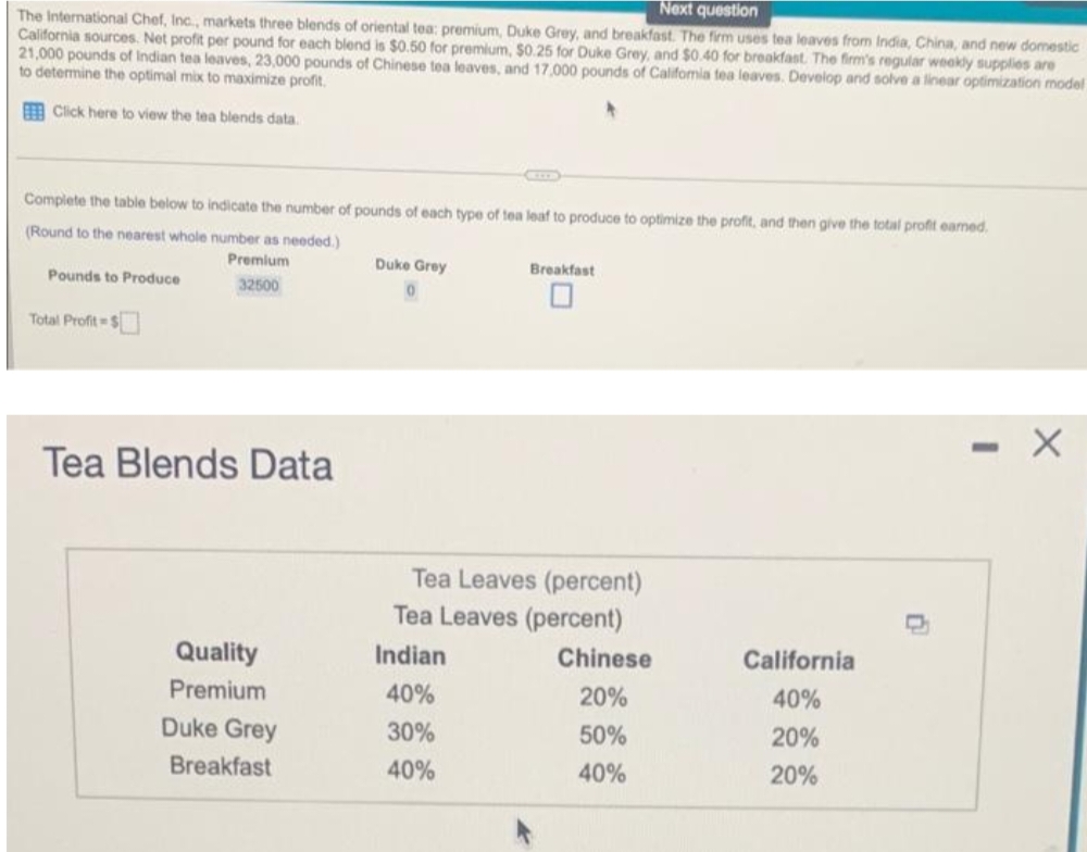 Next question
The International Chef, Inc., markets three blends of oriental tea: premium, Duke Grey, and breakfast. The firm uses tea leaves from India, China, and new domestic
California sources. Net profit per pound for each blend is $0.50 for premium, $0.25 for Duke Grey, and $0.40 for breakfast The firm's regular weokly supplies are
21,000 pounds of Indian tea leaves, 23,000 pounds of Chinese tea leaves, and 17,000 pounds of Califomia tea leaves. Develop and solve a linear optimization model
to determine the optimal mix to maximize profit.
A Click here to view the tea blends data.
Complete the table below to indicate the number of pounds of each type of tea leaf to produce to optimize the profit, and then give the total profit eamed.
(Round to the nearest whole number as needed.)
Premium
Duke Grey
Breakfast
Pounds to Produce
32500
Total Profit= $
Tea Blends Data
Tea Leaves (percent)
Tea Leaves (percent)
Quality
Indian
Chinese
California
Premium
40%
20%
40%
Duke Grey
30%
50%
20%
Breakfast
40%
40%
20%
