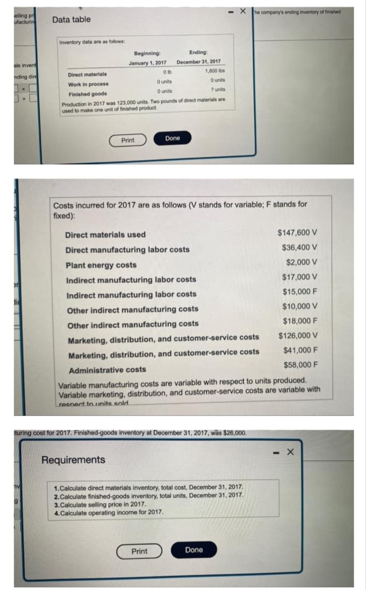 - X
X he company's ending inventory of finished
elling pr
ufacturin
Data table
Inventory data are as follows:
Beginning:
Ending:
January 1, 2017
December 31, 2017
als invent
Olb
1,800 Ibs
Direct materials
nding dire
O units
O units
Work in process
O units
7 units
Finished goods
Production in 2017 was 123,000 units. Two pounds of direct materials are
used to make one unit of finished product.
Print
Done
Costs incurred for 2017 are as follows (V stands for variable; F stands for
fixed):
Direct materials used
$147,600 V
Direct manufacturing labor costs
$36,400 V
$2,000 V
Plant energy costs
$17,000 V
Indirect manufacturing labor costs
er
$15,000 F
Indirect manufacturing labor costs
$10,000 V
Other indirect manufacturing costs
$18,000 F
Other indirect manufacturing costs
$126,000 V
Marketing, distribution, and customer-service costs
$41,000 F
Marketing, distribution, and customer-service costs
$58,000 F
Administrative costs
Variable manufacturing costs are variable with respect to units produced.
Variable marketing, distribution, and customer-service costs are variable with
respect to units sold
turing cost for 2017. Finished-goods inventory at December 31, 2017, wäs $26,000.
- X
Requirements
1.Calculate direct materials inventory, total cost, December 31, 2017.
2.Calculate finished-goods inventory, total units, December 31, 2017.
3.Calculate selling price in 2017.
4.Calculate operating income for 2017.
Print
Done
