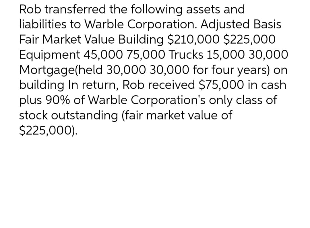Rob transferred the following assets and
liabilities to Warble Corporation. Adjusted Basis
Fair Market Value Building $210,000 $225,000
Equipment 45,000 75,000 Trucks 15,000 30,000
Mortgage(held 30,000 30,000 for four years) on
building In return, Rob received $75,000 in cash
plus 90% of Warble Corporation's only class of
stock outstanding (fair market value of
$225,000).