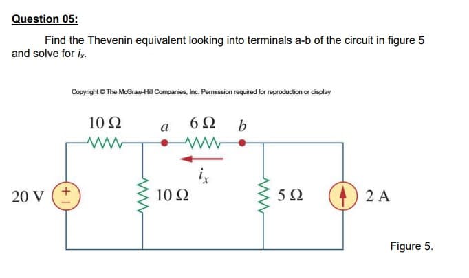 Question 05:
Find the Thevenin equivalent looking into terminals a-b of the circuit in figure 5
and solve for iy.
Copyright © The McGraw-Hill Companies, Inc. Permission required for reproduction or display
10 Ω
a
6Ω
b
20 V
10Ω
5Ω
(4) 2 A
Figure 5.
+)
