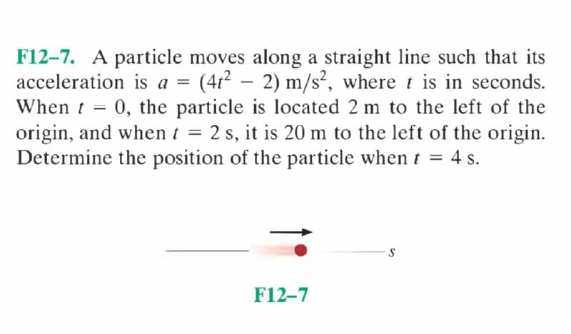 F12-7. A particle moves along a straight line such that its
acceleration is a = (41² – 2) m/s², where t is in seconds.
When t = 0, the particle is located 2 m to the left of the
origin, and when t = 2 s, it is 20 m to the left of the origin.
Determine the position of the particle when t = 4 s.
F12-7
