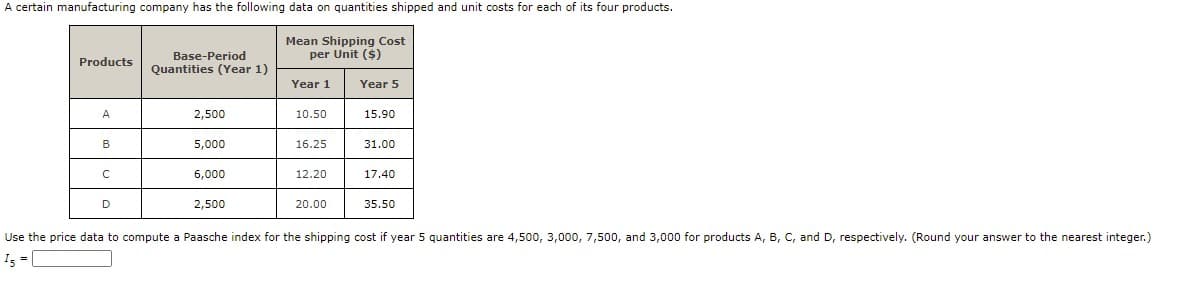 A certain manufacturing company has the following data on quantities shipped and unit costs for each of its four products.
Mean Shipping Cost
per Unit ($)
Base-Period
Quantities (Year 1)
Products
Year 1
Year 5
A
2,500
10.50
15.90
5,000
16.25
31.00
6,000
12.20
17.40
D
2,500
20.00
35.50
Use the price data to compute a Paasche index for the shipping cost if year 5 quantities are 4,500, 3,000, 7,500, and 3,000 for products A, B, C, and D, respectively. (Round your answer to the nearest integer.)
I5 =
