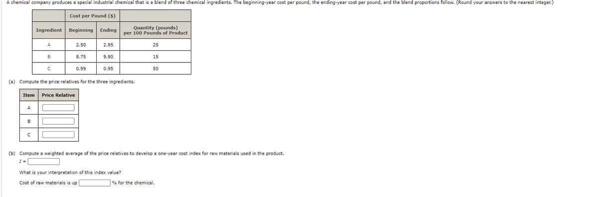 A chemical company produces a special industrial chemical that is a blend of three chemical ingredients. The beginning-year cost per pound, the ending-year cost per pound, and the blend proportions follow. (Round your answers to the nearest integer.)
Cost per Pound ($)
Ingredient Beginning Ending
Quantity (pounds)
per 100 Pounds of Product
A
2.50
2.95
25
B
8.75
9.90
15
0.99
0.95
50
(a) Compute the price relatives for the three ingredients.
Item
Price Relative
A
в
(b) Compute a weighted average of the price relatives to develop a one-year cost index for raw materials used in the product.
I =
What is your interpretation of this index value?
Cost of raw materials is up
% for the chemical.
