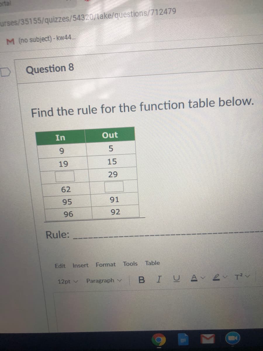 Find the rule for the function table below.
