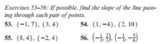 Exercises 53-56: If possible, find the slope of the line pass-
ing through cach pair of points.
53. (-1,7), (3, 4)
54. (1, –4). (2, 10)
56. (-}. 3). (-}. -)
55. (8, 4). (-2, 4)
