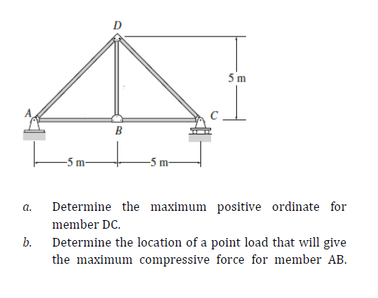 D
5 m
C
B
-5 m-
-5 m-
a.
Determine the maximum positive ordinate for
member DC.
b.
Determine the location of a point load that will give
the maximum compressive force for member AB.
