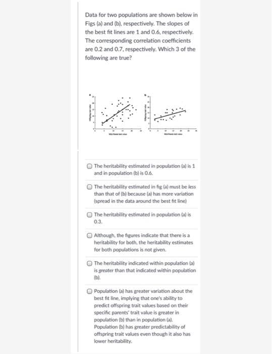 Data for two populations are shown below in
Figs (a) and (b), respectively. The slopes of
the best fit lines are 1 and 0.6, respectively.
The corresponding correlation coefficients
are 0.2 and 0.7, respectively. Which 3 of the
following are true?
O The heritability estimated in population (a) is 1
and in population (b) is 0.6.
O The heritability estimated in fig (a) must be less
than that of (b) because (a) has more variation
(spread in the data around the best fit line)
O The heritability estimated in population (a) is
0.3.
O Although, the figures indicate that there is a
heritability for both, the heritability estimates
for both populations is not given.
The heritability indicated within population (a)
is greater than that indicated within population
(b).
O Population (a) has greater variation about the
best fit line, implying that one's ability to
predict offspring trait values based on their
specific parents' trait value is greater in
population (b) than in population (a).
Population (b) has greater predictability of
offspring trait values even though it also has
lower heritability.

