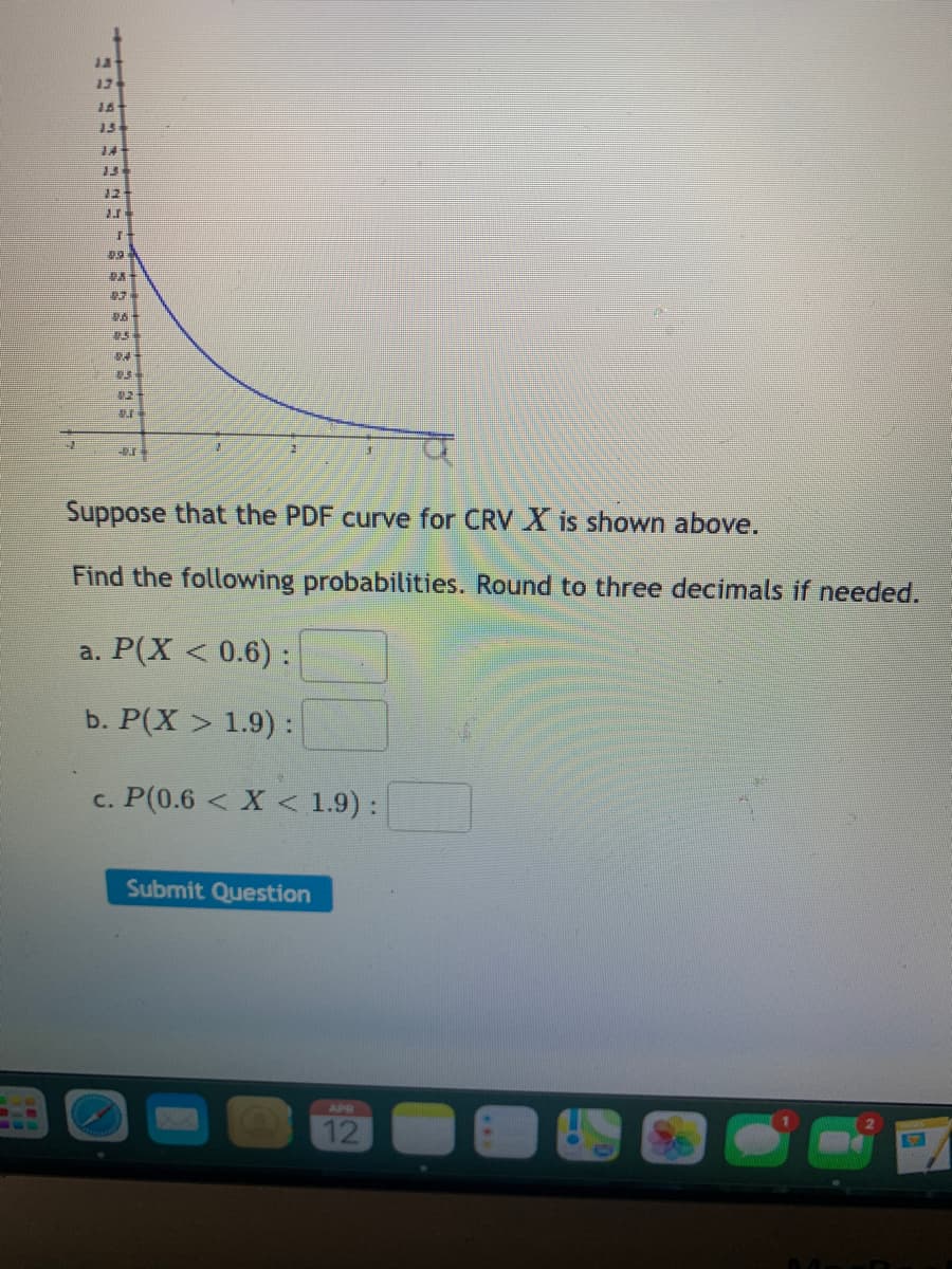17
15
12
Suppose that the PDF curve for CRV X is shown above.
Find the following probabilities. Round to three decimals if needed.
a. P(X < 0.6) :
b. P(X > 1.9) :
c. P(0.6 < X < 1.9) :
Submit Question
APR
12
