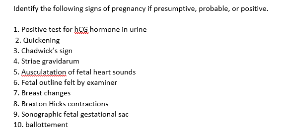 Identify the following signs of pregnancy if presumptive, probable, or positive.
1. Positive test for hCG hormone in urine
2. Quickening
3. Chadwick's sign
4. Striae gravidarum
5. Ausculatation of fetal heart sounds
6. Fetal outline felt by examiner
7. Breast changes
8. Braxton Hicks contractions
9. Sonographic fetal gestational sac
10. ballottement