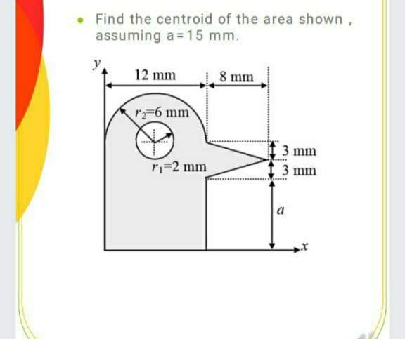 • Find the centroid of the area shown,
assuming a =15 mm.
y
12 mm
8 mm
r 6 mm
3 mm
ri=2 mm
3 mm
a
