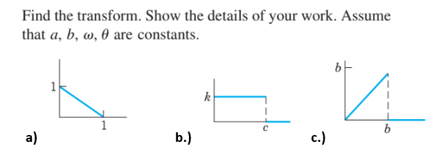 Find the transform. Show the details of your work. Assume
that a, b, w, 0 are constants.
k
1
a)
b.)
с.)
