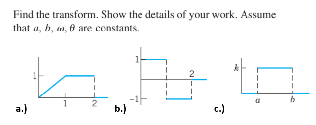 Find the transform. Show the details of your work. Assume
that a, b, w, 0 are constants.
1
k
1
2
-1-
a
1
2
a.)
b.)
c.)
