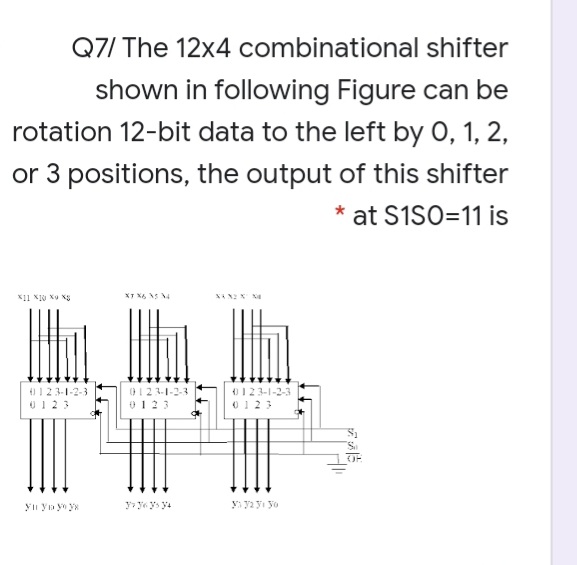 Q7/ The 12x4 combinational shifter
shown in following Figure can be
rotation 12-bit data to the left by 0, 1, 2,
or 3 positions, the output of this shifter
* at S1SO=11 is
XT X6 4
0123-1-2-3
0123
0123-1-2-3
0123
0123-1-2-3
0123
yII ya y y
6 ys y4
y ya yi yo

