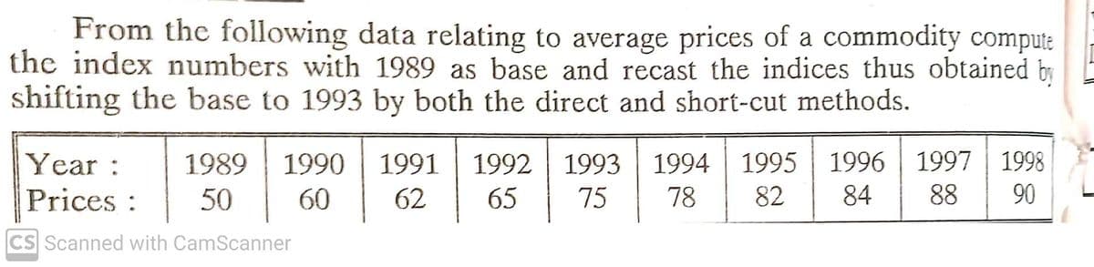 From the following data relating to average prices of a commodity compute
the index numbers with 1989 as base and recast the indices thus obtained by
shifting the base to 1993 by both the direct and short-cut methods.
1996 1997 | 1998
1994 1995
82
Year :
1989
1990
1991
1992
1993
Prices:
50
60
62
65
75
78
84
88
90
CS Scanned with CamScanner
