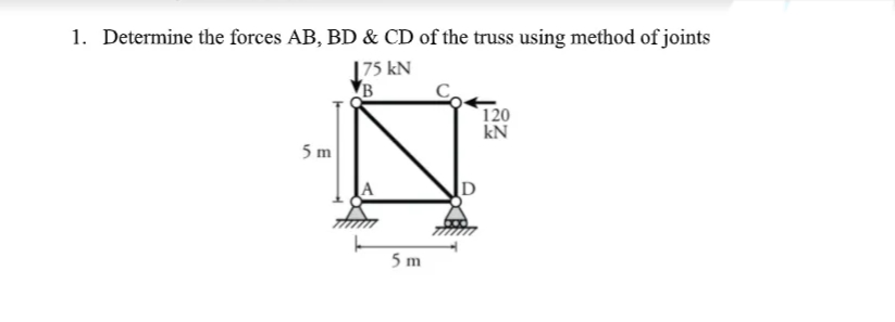 1. Determine the forces AB, BD & CD of the truss using method of joints
|75 kN
`120
kN
5 m
5 m
