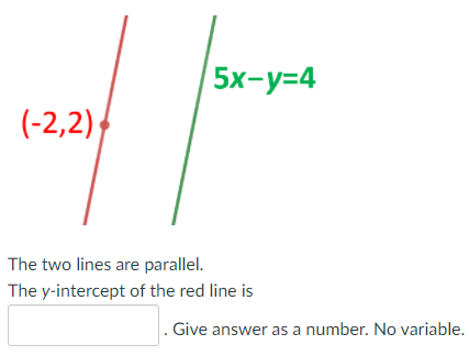 5x-y=4
(-2,2);
The two lines are parallel.
The y-intercept of the red line is
Give answer as a number. No variable.
