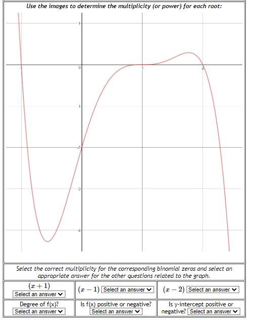 Use the images to determine the multiplicity (or power) for each root:
Select the correct multiplicity for the corresponding binomial zeros and select an
appropriate answer for the other questions related to the graph.
(z + 1)
Select an answer v
(x – 1) Select an answer v
(z – 2) Select an answer ♥
Is f(x) positive or negative?
Is y-intercept positive or
negative? Select an answer
Degree of f(x)?
Select an answer V
Select an answer v
