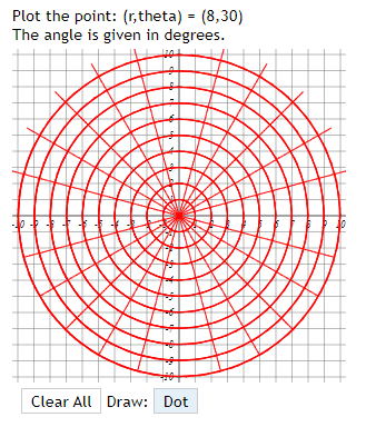 Plot the point: (r, theta) = (8,30)
The angle is given in degrees.
Clear All Draw: Dot
