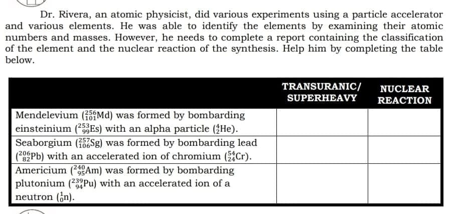 Dr. Rivera, an atomic physicist, did various experiments using a particle accelerator
and various elements. He was able to identify the elements by examining their atomic
numbers and masses. However, he needs to complete a report containing the classification
of the element and the nuclear reaction of the synthesis. Help him by completing the table
below.
TRANSURANIC/
NUCLEAR
SUPERHEAVY
REACTION
Mendelevium (15 Md) was formed by bombarding
einsteinium (25ES) with an alpha particle (He).
Seaborgium (ESg) was formed by bombarding lead
(20Pb) with an accelerated ion of chromium Cr).
Americium (Am) was formed by bombarding
plutonium (23PU) with an accelerated ion of a
neutron (n).
101
94
