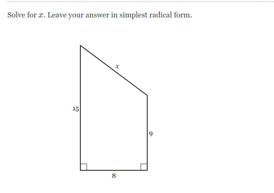 Solve for x. Leave your answer in simplest radical form.
15
9.
8
LO
