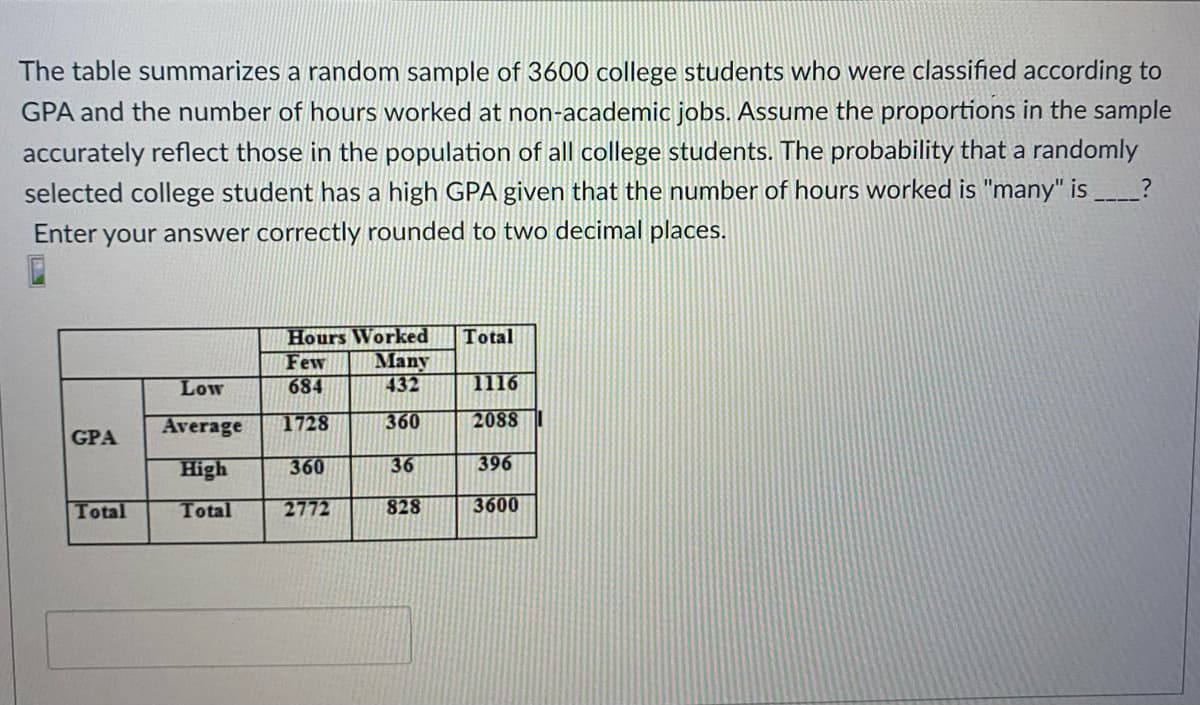 The table summarizes a random sample of 3600 college students who were classified according to
GPA and the number of hours worked at non-academic jobs. Assume the proportions in the sample
accurately reflect those in the population of all college students. The probability that a randomly
selected college student has a high GPA given that the number of hours worked is "many" is
Enter your answer correctly rounded to two decimal places.
Hours Worked
Many
432
Total
Few
Low
684
1116
Average
1728
360
2088
GPA
High
360
36
396
Total
Total
2772
828
3600
