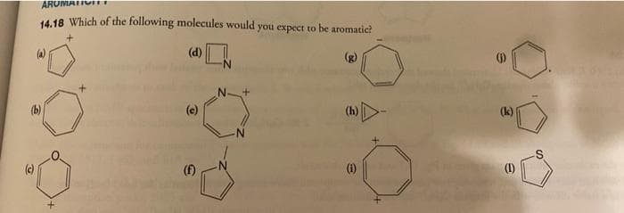 AROMAT
14.18 Which of the following molecules would you expect to be aromatic?
(d)
(g)
(e)
(f)
e
(k)