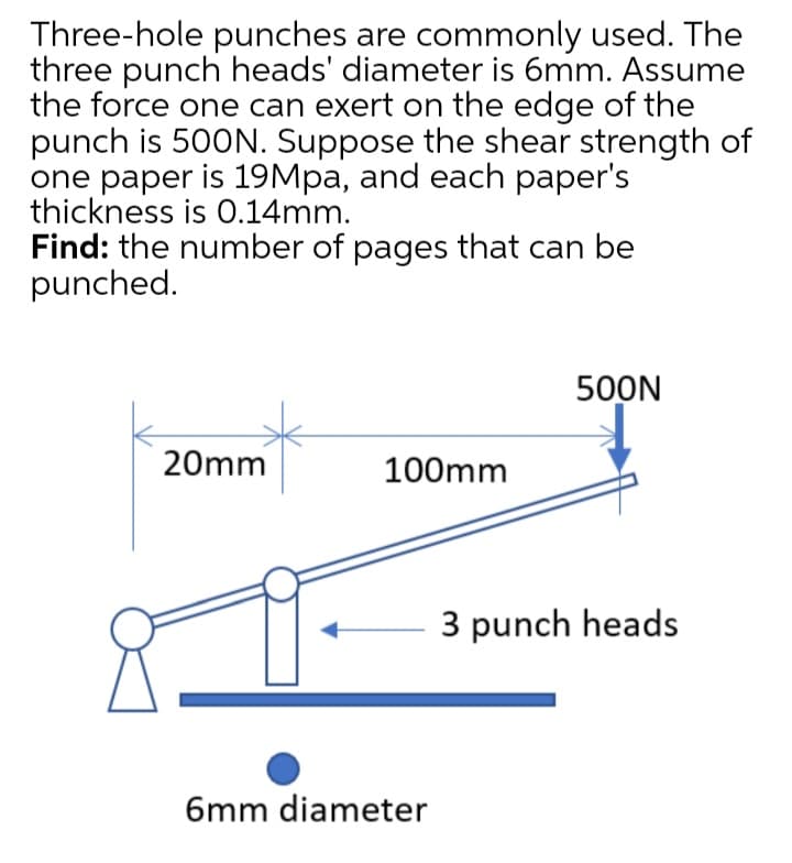 Three-hole punches are commonly used. The
three punch heads' diameter is 6mm. Assume
the force one can exert on the edge of the
punch is 500N. Suppose the shear strength of
one paper is 19Mpa, and each paper's
thickness is O.14mm.
Find: the number of pages that can be
punched.
500N
20mm
100mm
3 punch heads
6mm diameter
