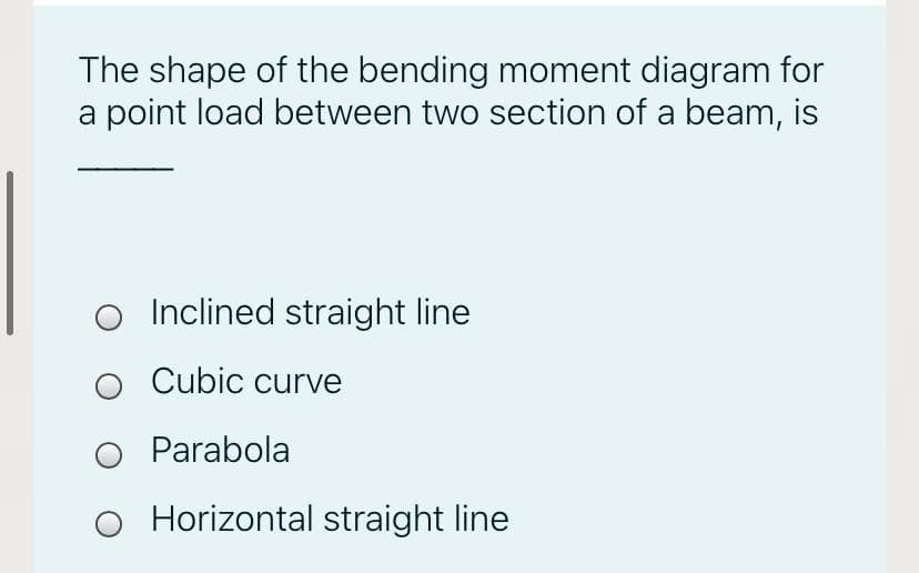 The shape of the bending moment diagram for
a point load between two section of a beam, is
O Inclined straight line
Cubic curve
Parabola
Horizontal straight line
