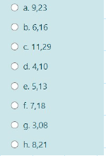 a. 9,23
O b. 6,16
C. 11,29
O d. 4,10
O e. 5,13
O f. 7,18
g. 3,08
O h. 8,21
