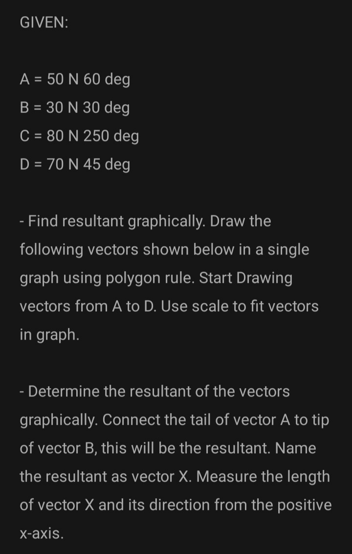 GIVEN:
A = 50 N 60 deg
%3D
B = 30 N 30 deg
%3D
C = 80 N 250 deg
%3D
D = 70 N 45 deg
- Find resultant graphically. Draw the
following vectors shown below in a single
graph using polygon rule. Start Drawing
vectors from A to D. Use scale to fit vectors
in graph.
- Determine the resultant of the vectors
graphically. Connect the tail of vector A to tip
of vector B, this will be the resultant. Name
the resultant as vector X. Measure the length
of vector X and its direction from the positive
x-axis.
