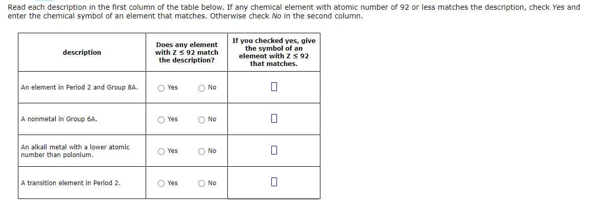 Read each description in the first column of the table below. If any chemical element with atomic number of 92 or less matches the description, check Yes and
enter the chemical symbol of an element that matches. Otherwise check No in the second column.
description
An element in Period 2 and Group 8A.
A nonmetal in Group 6A.
An alkali metal with a lower atomic
number than polonium.
A transition element in Period 2.
Does any element
with Z ≤ 92 match
the description?
O Yes
O Yes
Yes
Yes
O No
O No
O No
O No
If you checked yes, give
the symbol of an
element with Z ≤ 92
that matches.
0
0
0
0