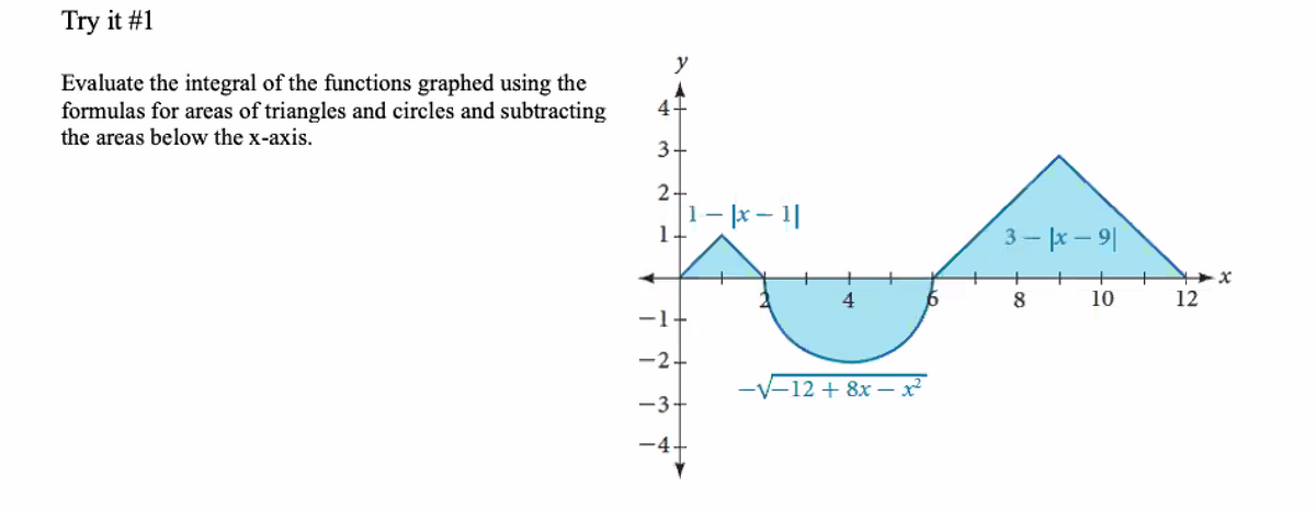Try it #1
y
Evaluate the integral of the functions graphed using the
formulas for areas of triangles and circles and subtracting
the areas below the x-axis.
4.
3+
2+
|1- |x – 1|
1
3 - x – 9|
4
10
12
-1
-2+
-V-12 + 8x – x
-3+
-4-
00
to
