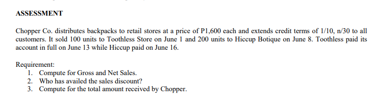 ASSESSMENT
Chopper Co. distributes backpacks to retail stores at a price of P1,600 each and extends credit terms of 1/10, n/30 to all
customers. It sold 100 units to Toothless Store on June 1 and 200 units to Hiccup Botique on June 8. Toothless paid its
account in full on June 13 while Hiccup paid on June 16.
Requirement:
1. Compute for Gross and Net Sales.
2. Who has availed the sales discount?
3. Compute for the total amount received by Chopper.
