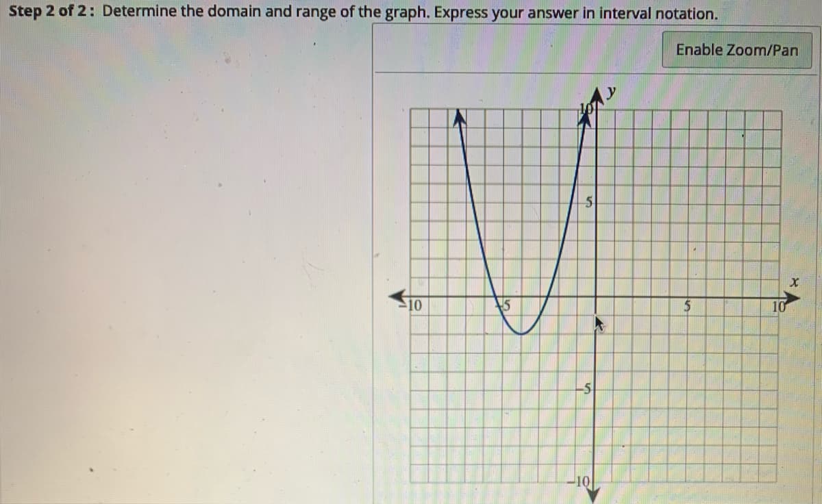 Step 2 of 2: Determine the domain and range of the graph. Express your answer in interval notation.
Enable Zoom/Pan
10
10
-5
-10
