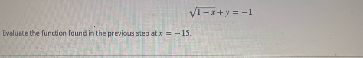 VI -x+ y = -1
Evaluate the function found in the previous step at x =-15.
