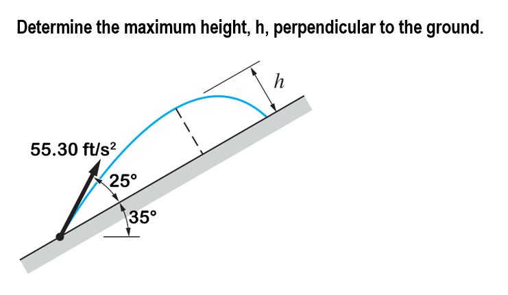 Determine the maximum height, h, perpendicular to the ground.
h
55.30 ft/s²
25°
35°
1