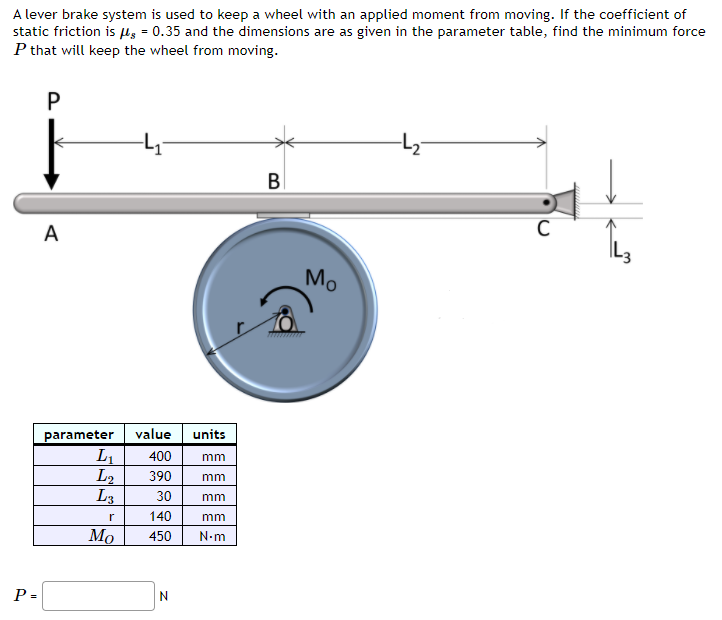 A lever brake system is used to keep a wheel with an applied moment from moving. If the coefficient of
static friction is Hs = 0.35 and the dimensions are as given in the parameter table, find the minimum force
P that will keep the wheel from moving.
BI
A
Mo
value units
parameter
L1
L2
L3
400
mm
390
mm
30
mm
r
140
mm
Мо
450
N-m
Р-
