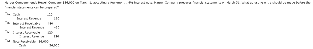 Harper Company lends Hewell Company $36,000 on March 1, accepting a four-month, 4% interest note. Harper Company prepares financial statements on March 31. What adjusting entry should be made before the
financial statements can be prepared?
Oa. Cash
120
Interest Revenue
120
Ob. Interest Receivable
480
Interest Revenue
480
Oc. Interest Receivable
120
Interest Revenue
120
Od. Note Receivable 36,000
Cash
36,000
