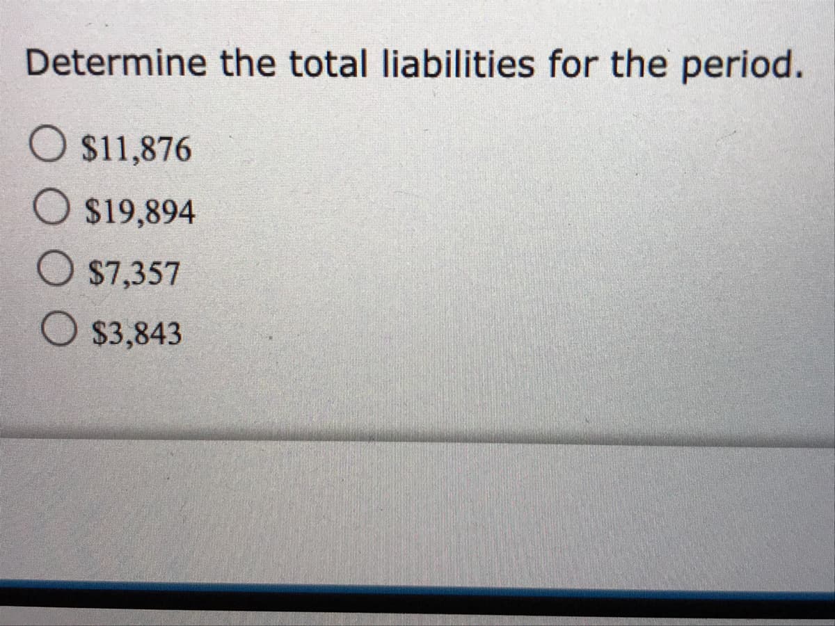 Determine the total liabilities for the period.
O $11,876
O $19,894
$7,357
O $3,843
