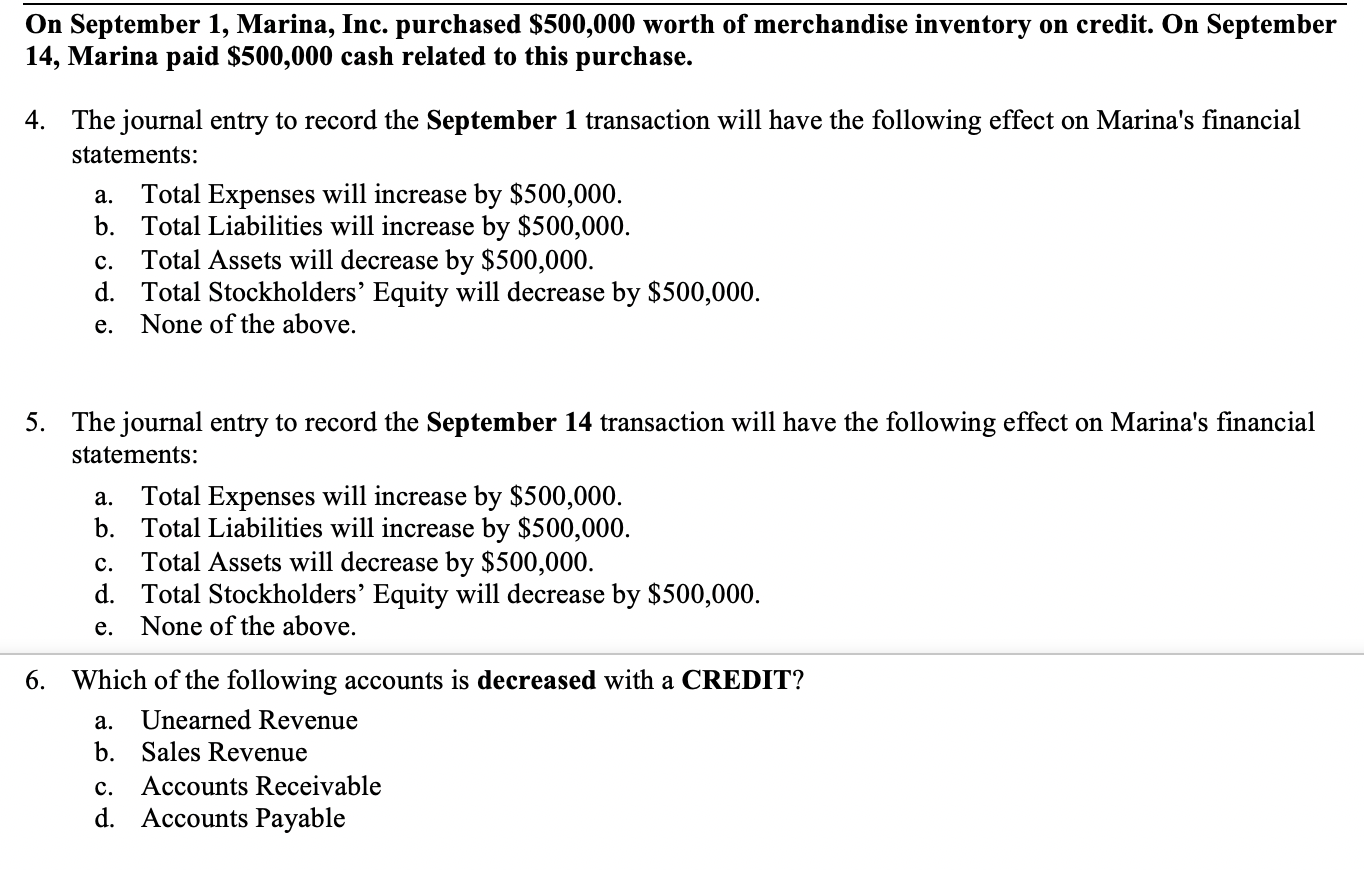 On September 1, Marina, Inc. purchased $500,000 worth of merchandise inventory on credit. On September
14, Marina paid $500,000 cash related to this purchase.
4. The journal entry to record the September 1 transaction will have the following effect on Marina's financial
statements:
Total Expenses will increase by $500,000.
b. Total Liabilities will increase by $500,000.
Total Assets will decrease by $500,000.
d. Total Stockholders' Equity will decrease by $500,000.
None of the above.
а.
с.
е.
5. The journal entry to record the September 14 transaction will have the following effect on Marina's financial
statements:
Total Expenses will increase by $500,000.
b. Total Liabilities will increase by $500,000.
Total Assets will decrease by $500,000.
d. Total Stockholders' Equity will decrease by $500,000.
None of the above.
а.
с.
е.
6. Which of the following accounts is decreased with a CREDIT?
а.
Unearned Revenue
b. Sales Revenue
с.
Accounts Receivable
d. Accounts Payable
