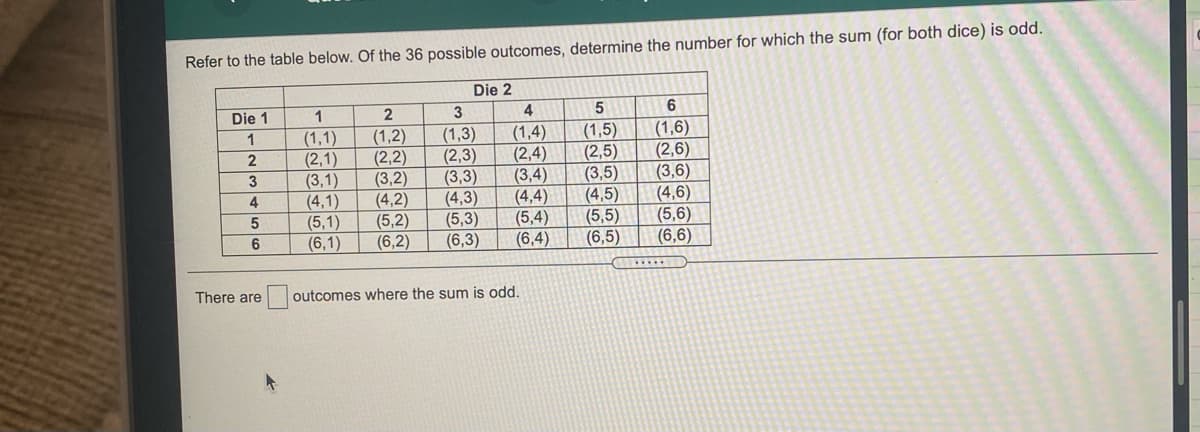 Refer to the table below. Of the 36 possible outcomes, determine the number for which the sum (for both dice) is odd.
Die 2
Die 1
1
3
4
5
6
(1,1)
(2,1)
(3,1)
(4,1)
(5,1)
(6,1)
(1,2)
(2,2)
(3,2)
(4,2)
(5,2)
(6,2)
(1,3)
(2,3)
(3,3)
(4,3)
(5,3)
(6,3)
(1,4)
(2,4)
(3,4)
(4,4)
(5,4)
(6,4)
(1,5)
(2,5)
(3,5)
(4,5)
(5,5)
(6,5)
(1,6)
(2,6)
(3,6)
(4,6)
(5,6)
(6,6)
2
3
4
6
There are
outcomes where the sum is odd.

