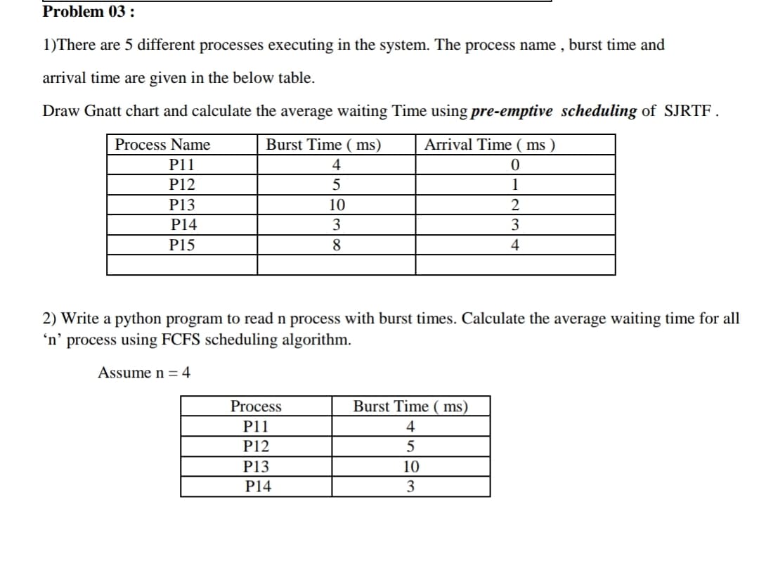 Problem 03 :
1)There are 5 different processes executing in the system. The process name , burst time and
arrival time are given in the below table.
Draw Gnatt chart and calculate the average waiting Time using pre-emptive scheduling of SJRTF.
Process Name
Burst Time ( ms)
Arrival Time ( ms )
P11
4
P12
5
1
P13
10
P14
3
3
P15
8
4
2) Write a python program to read n process with burst times. Calculate the average waiting time for all
'n' process using FCFS scheduling algorithm.
Assume n =4
Process
Burst Time ( ms)
P11
4
P12
5
P13
10
P14
3
