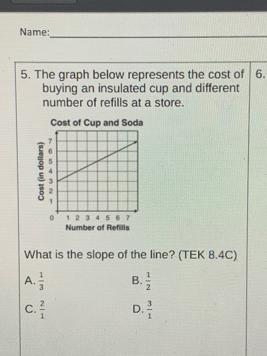 Name:
5. The graph below represents the cost of 6.
buying an insulated cup and different
number of refills at a store.
Cost of Cup and Soda
1 2 34 5 6 7
Number of Refills
What is the slope of the line? (TEK 8.4C)
A. 3
B.
2
c.?
D.
Cost (in dollars)
o54 32
