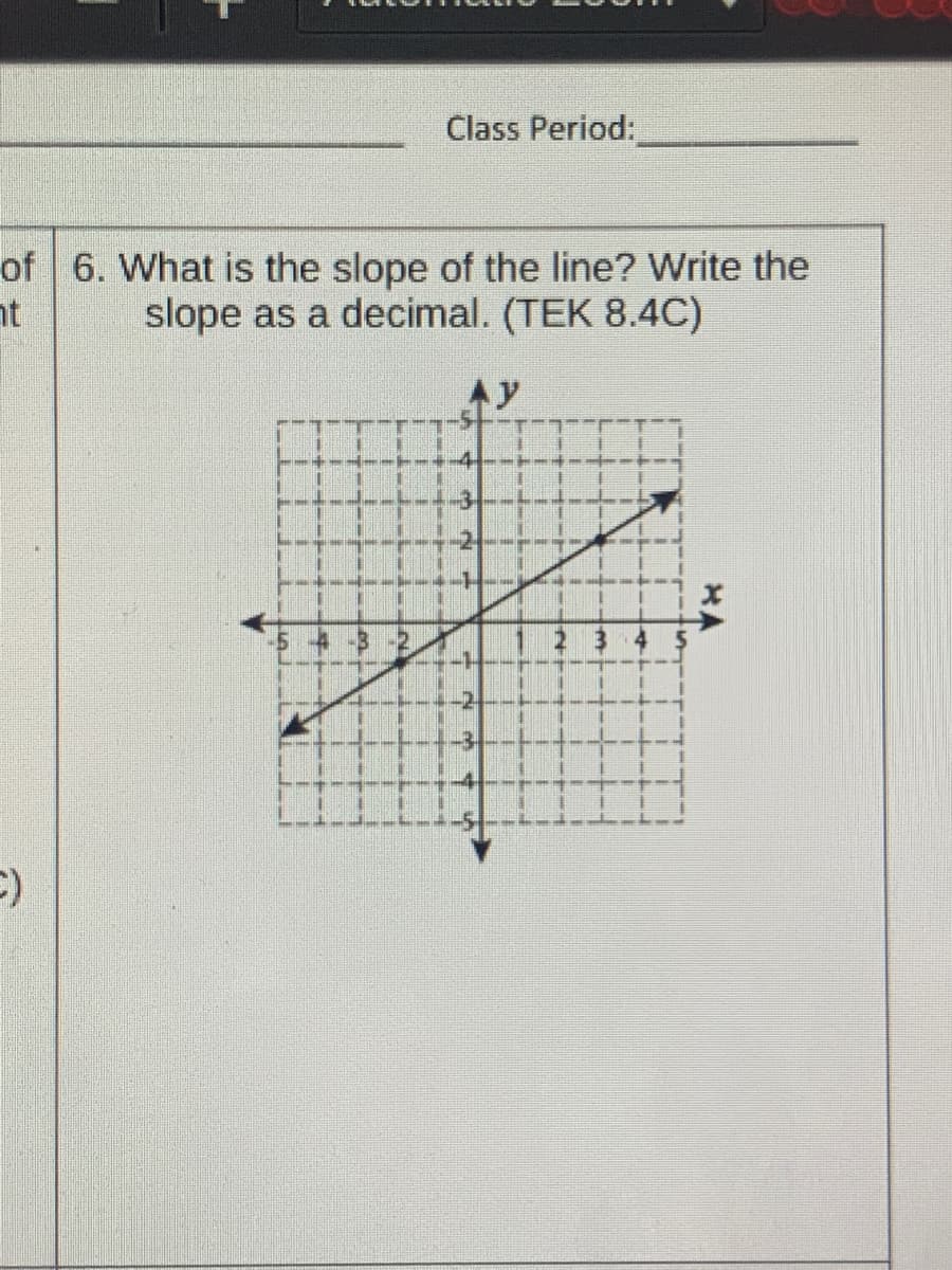 Class Period:
of 6. What is the slope of the line? Write the
nt
slope as a decimal. (TEK 8.4C)
