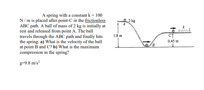 A spring with a constant k = 100
N/m is placed after point-C in the frictionless
ABC path. A ball of mass of 2 kg is initially at
rest and released from point A. The ball
travels through the ABC path and finally hits
the spring. a) What is the velocity of the ball
at point B and C? b) What is the maximum
compression in the spring?
2 kg
1.8 m
0.45 m
g-9.8 m/s²
