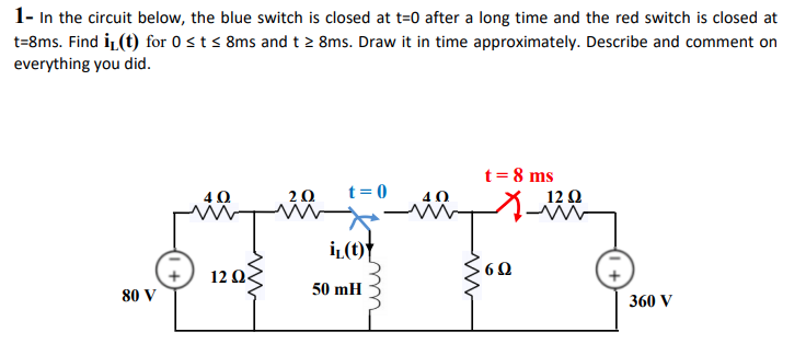 1- In the circuit below, the blue switch is closed at t=0 after a long time and the red switch is closed at
t=8ms. Find iL(t) for 0 <t s 8ms and t 2 8ms. Draw it in time approximately. Describe and comment on
everything you did.
t= 8 ms
40
20
t= 0
12 Q
40
İL(t)"
60
12 Q
50 mH
80 V
360 V
