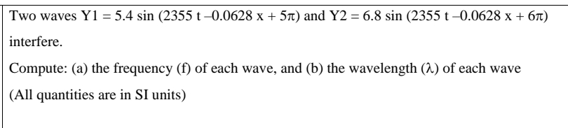 Two waves Y1 = 5.4 sin (2355 t –0.0628 x + 5n) and Y2 = 6.8 sin (2355 t –0.0628 x + 6t)
interfere.
Compute: (a) the frequency (f) of each wave, and (b) the wavelength (^) of each wave
(All quantities are in SI units)
