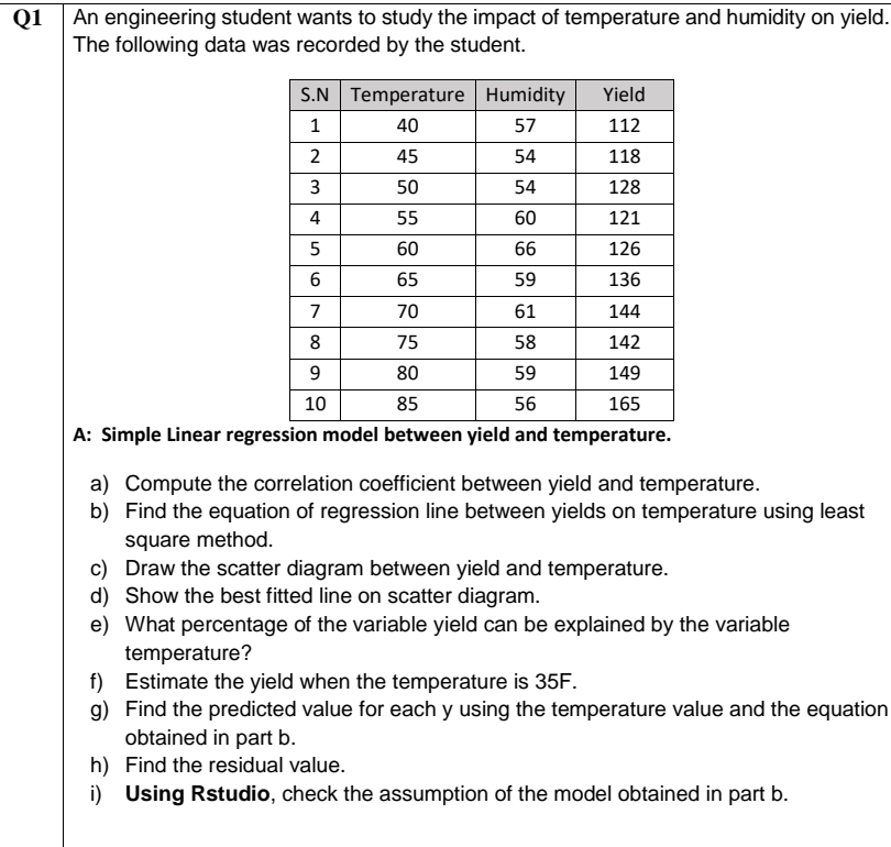 Q1
An engineering student wants to study the impact of temperature and humidity on yield.
The following data was recorded by the student.
S.N Temperature Humidity
Yield
1
40
57
112
45
54
118
50
54
128
4
55
60
121
60
66
126
65
59
136
7
70
61
144
8
75
58
142
9
80
59
149
10
85
56
165
A: Simple Linear regression model between yield and temperature.
a) Compute the correlation coefficient between yield and temperature.
b) Find the equation of regression line between yields on temperature using least
square method.
c) Draw the scatter diagram between yield and temperature.
d) Show the best fitted line on scatter diagram.
e) What percentage of the variable yield can be explained by the variable
temperature?
f) Estimate the yield when the temperature is 35F.
g) Find the predicted value for each y using the temperature value and the equation
obtained in part b.
h) Find the residual value.
i) Using Rstudio, check the assumption of the model obtained in part b.
2.
3.
