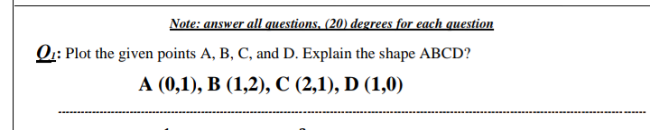 Note: answer all questions, (20) degrees for each question
O:: Plot the given points A, B, C, and D. Explain the shape ABCD?
А (0,1), В (1,2), С (2,1), D (1,0)
